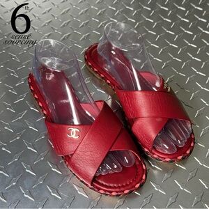 Chanel Leather Braided Trim Criss Cross CC Flat Slides in Red 39